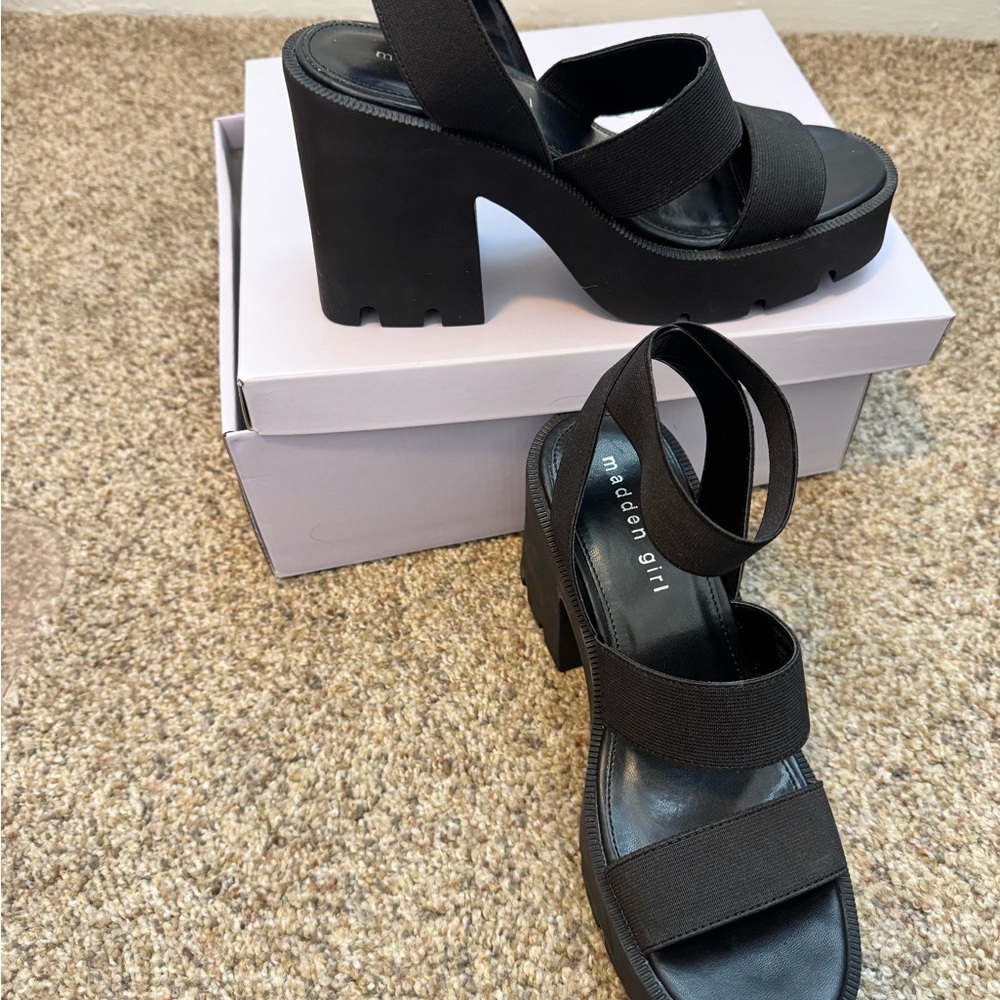Madden Girl Black Strappy Platform Sandals with Elastic Ankle Wrap - Picture 3 of 6